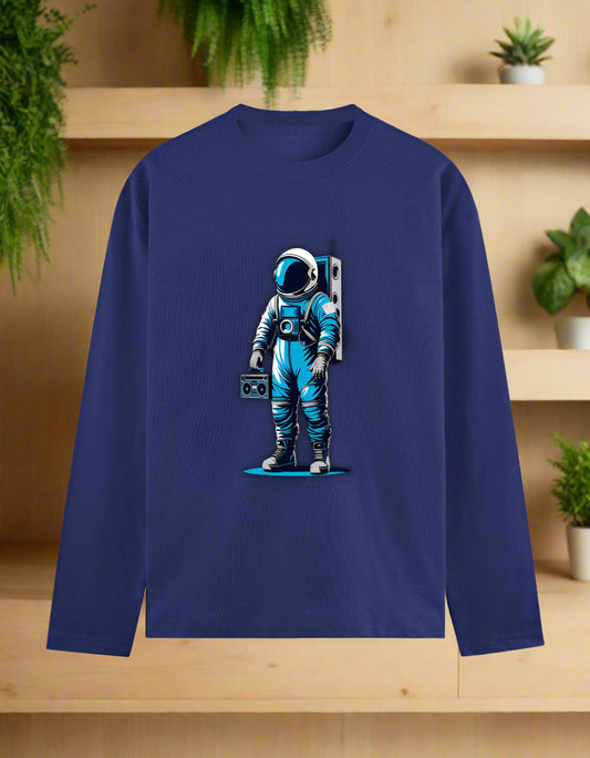 Retro astronaut holding a boombox – full sleeve streetwear graphic t-shirt design.