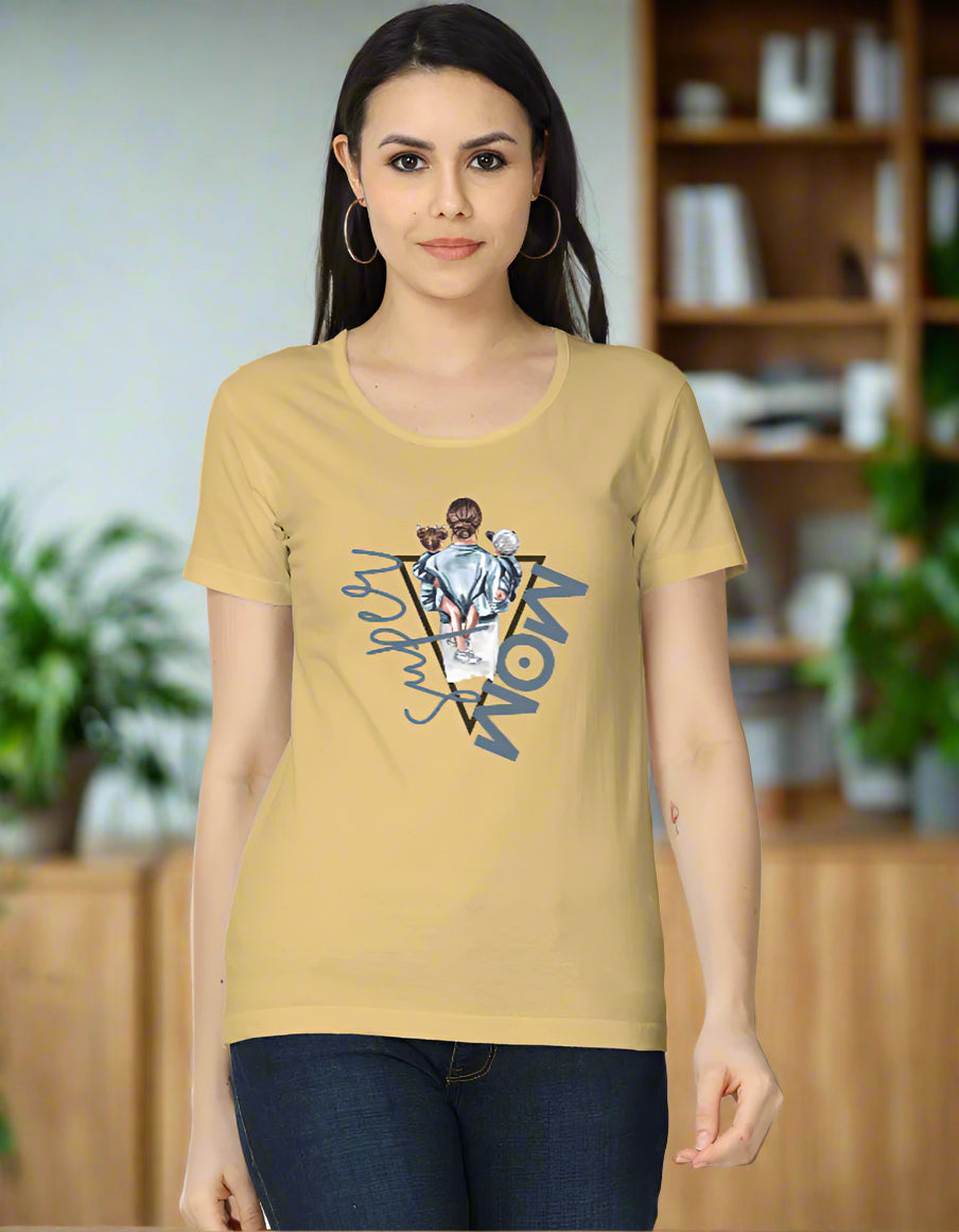 Women’s yellow cotton T-shirt with bold “Super Mom” graphic print